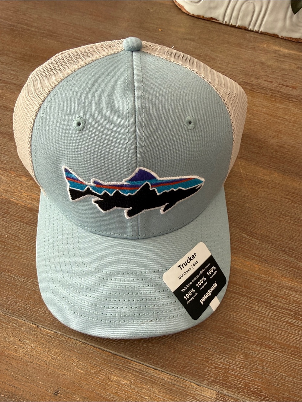 Patagonia Trucker Hat - Light Blue & Cream with Multicolor Fish Patch